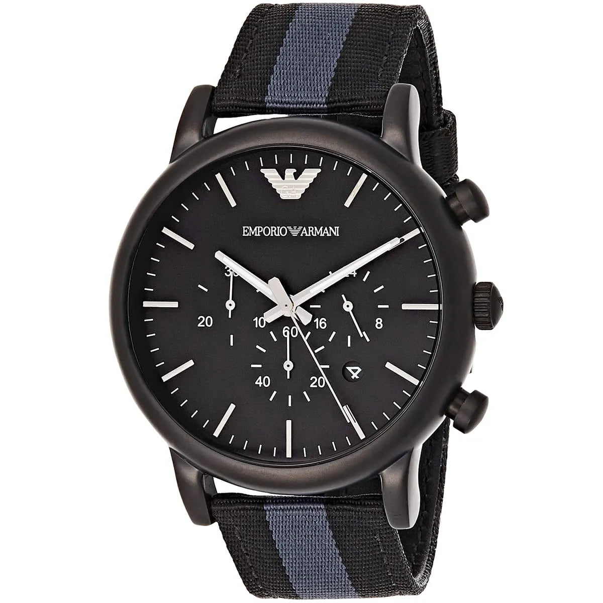 Emporio Armani Luigi Chronograph Matte Black Dial Striped Nylon on Leather Men's Watch - AR1948