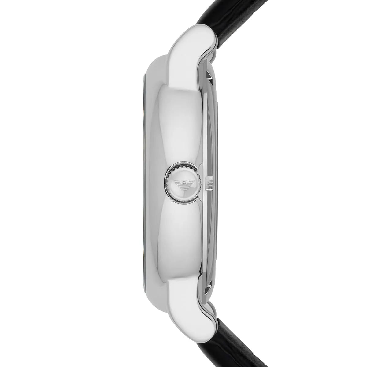 Side profile of Emporio Armani AR1981 skeleton watch showing stainless steel case and crown