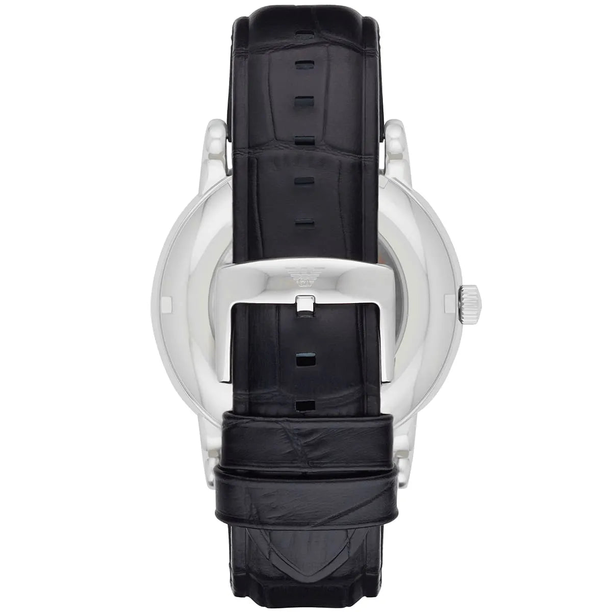 Emporio Armani AR1981 watch back view showing black crocodile-embossed leather strap