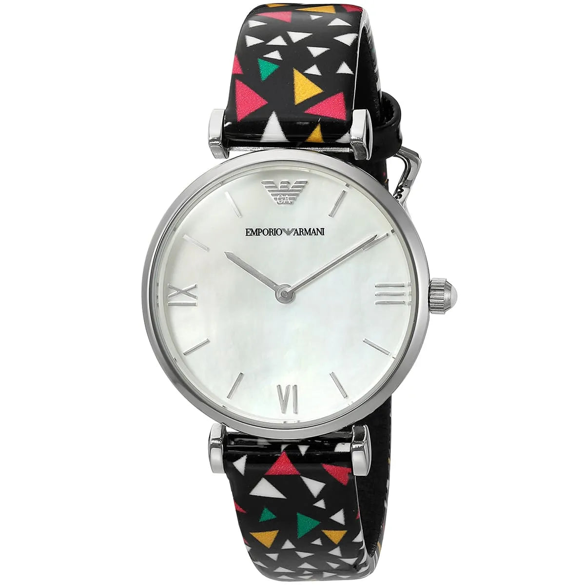 Side angle view of Emporio Armani Gianni T-Bar watch showing case and colorful strap design