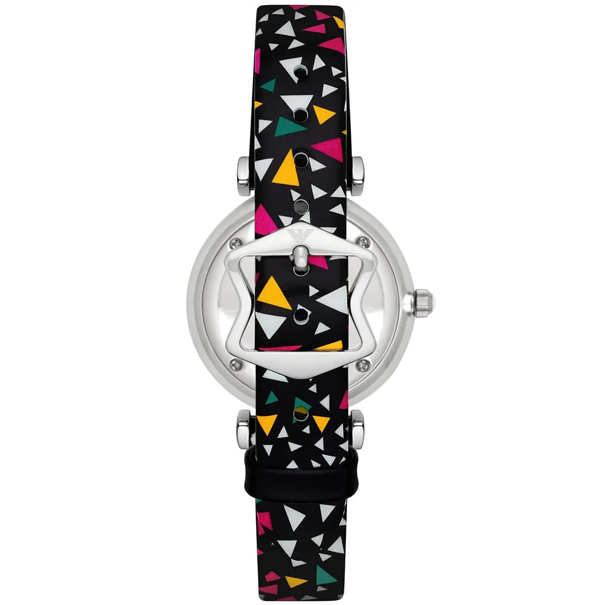 Back view of Emporio Armani Gianni T-Bar watch showing case back and strap