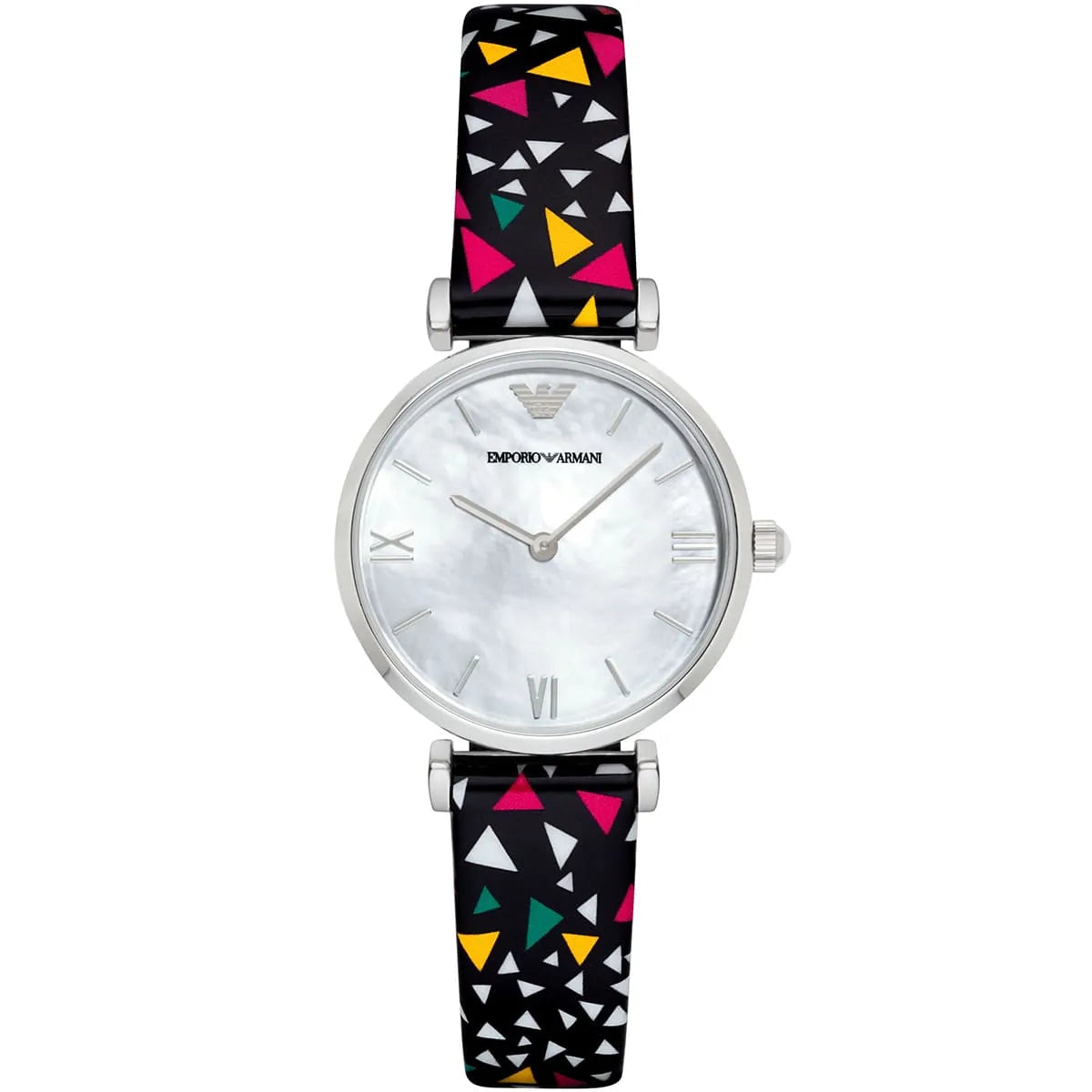 Emporio Armani Gianni T-Bar watch with mother-of-pearl dial and multicolored geometric printed leather strap