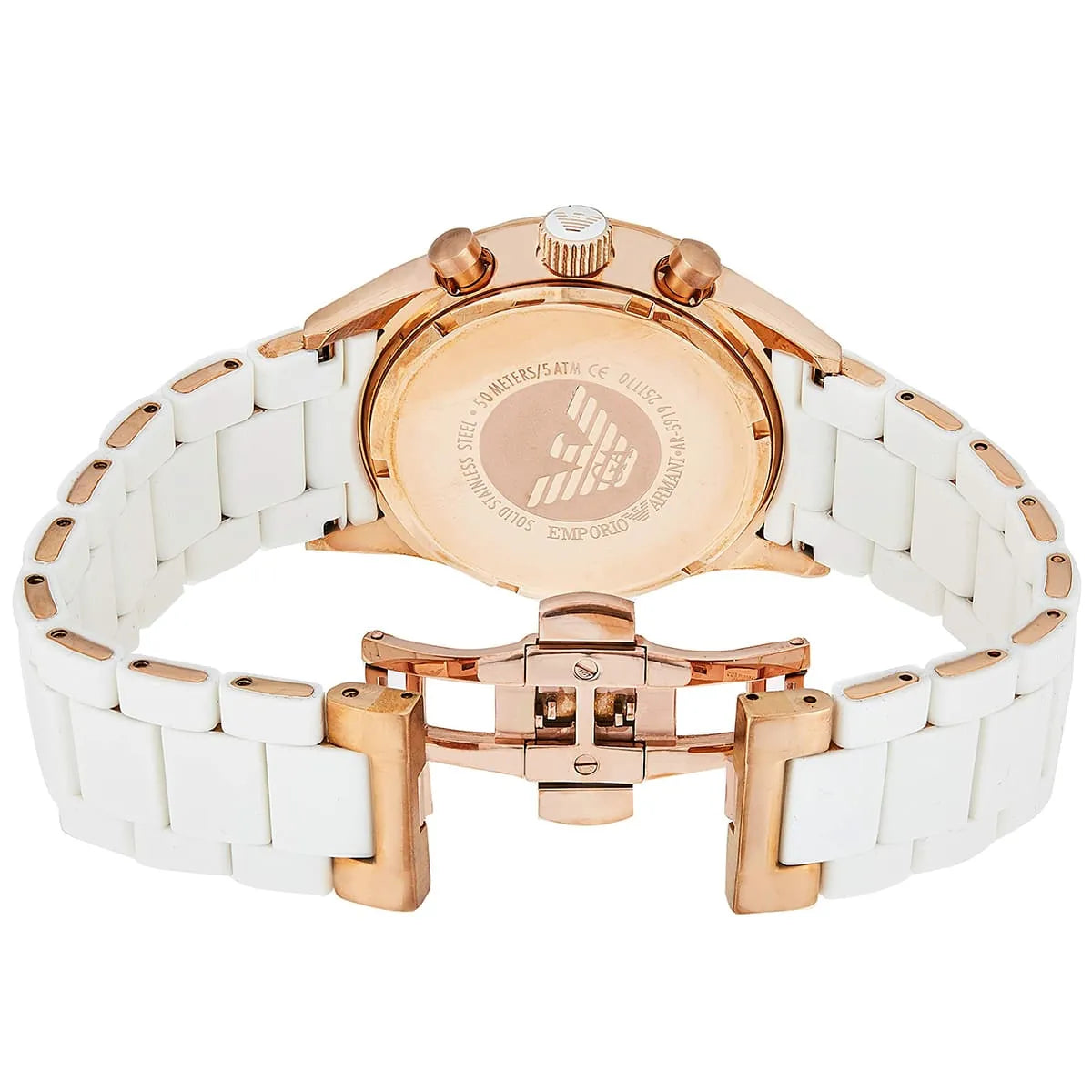 Emporio Armani AR5919 watch caseback showing engraved eagle logo and rose gold case with white rubber bracelet