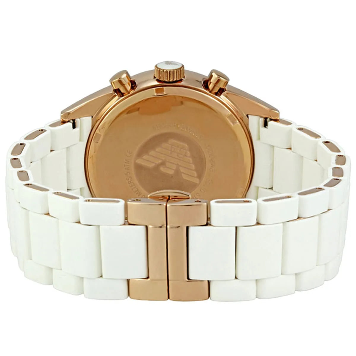 Emporio Armani AR5919 rear view of white silicone-wrapped stainless steel bracelet with rose gold accents and deployant clasp