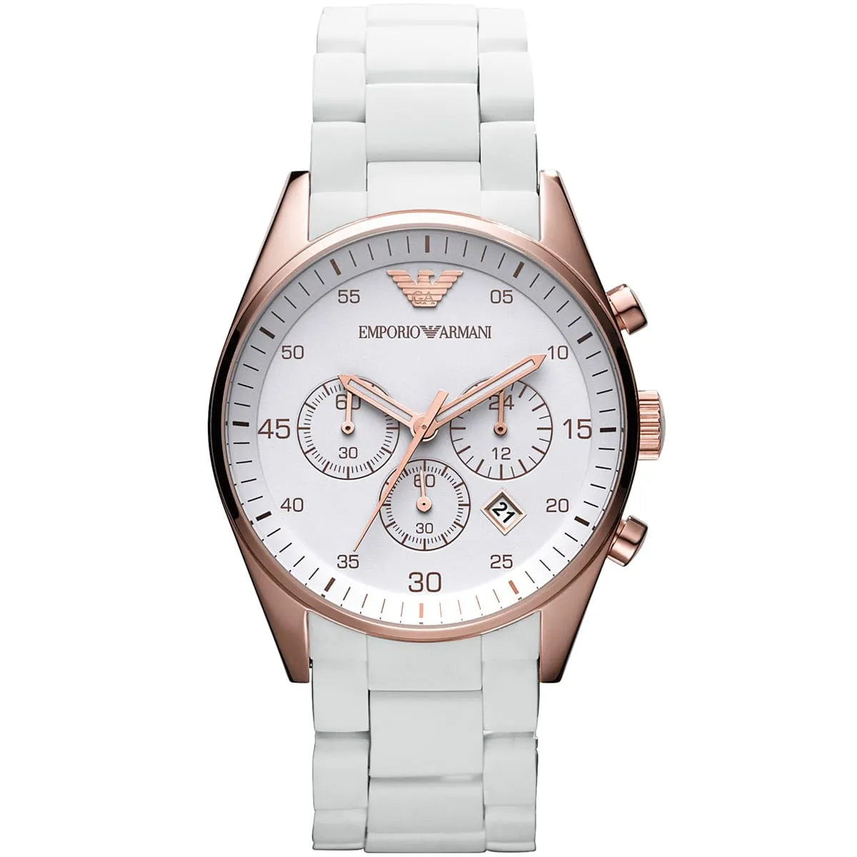Emporio Armani AR5919 chronograph watch with white dial, rose gold case, and white silicone strap, front view