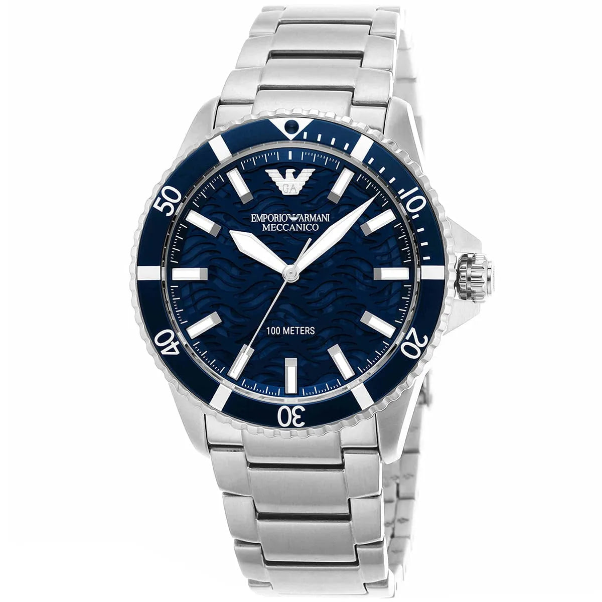 Emporio Armani Diver Automatic Uni-directional rotating blue bezel Silver Men's Watch - AR60059