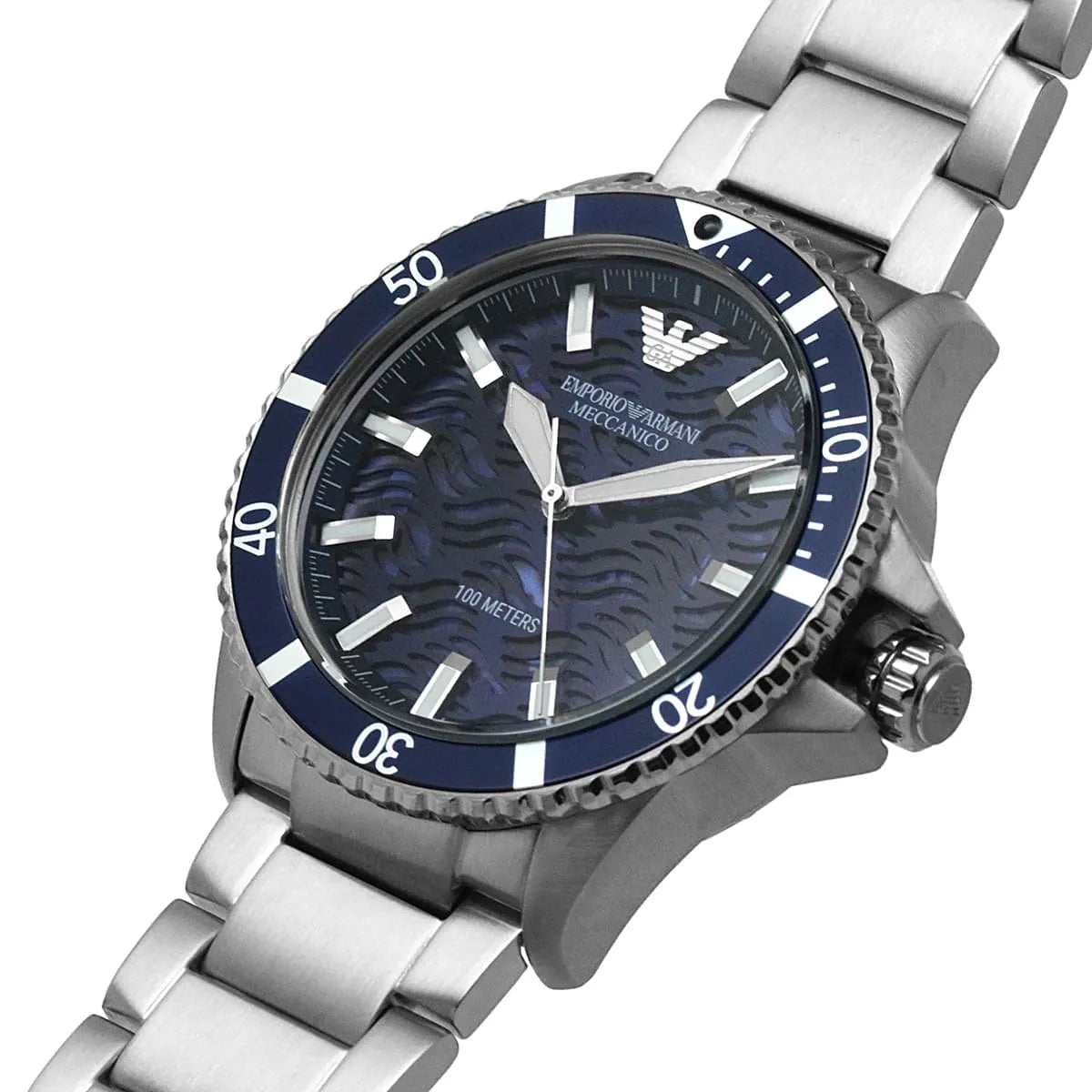 Emporio Armani Diver Automatic Uni-directional rotating blue bezel Silver Men's Watch - AR60059
