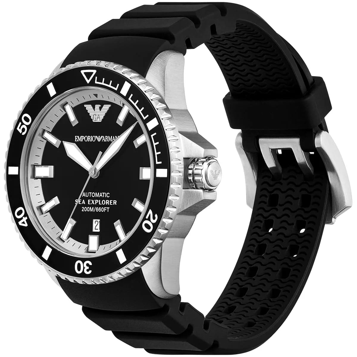 Emporio Armani Sea Explorer Automatic Black Dial Black Silicone Strap Men's Watch - AR60078