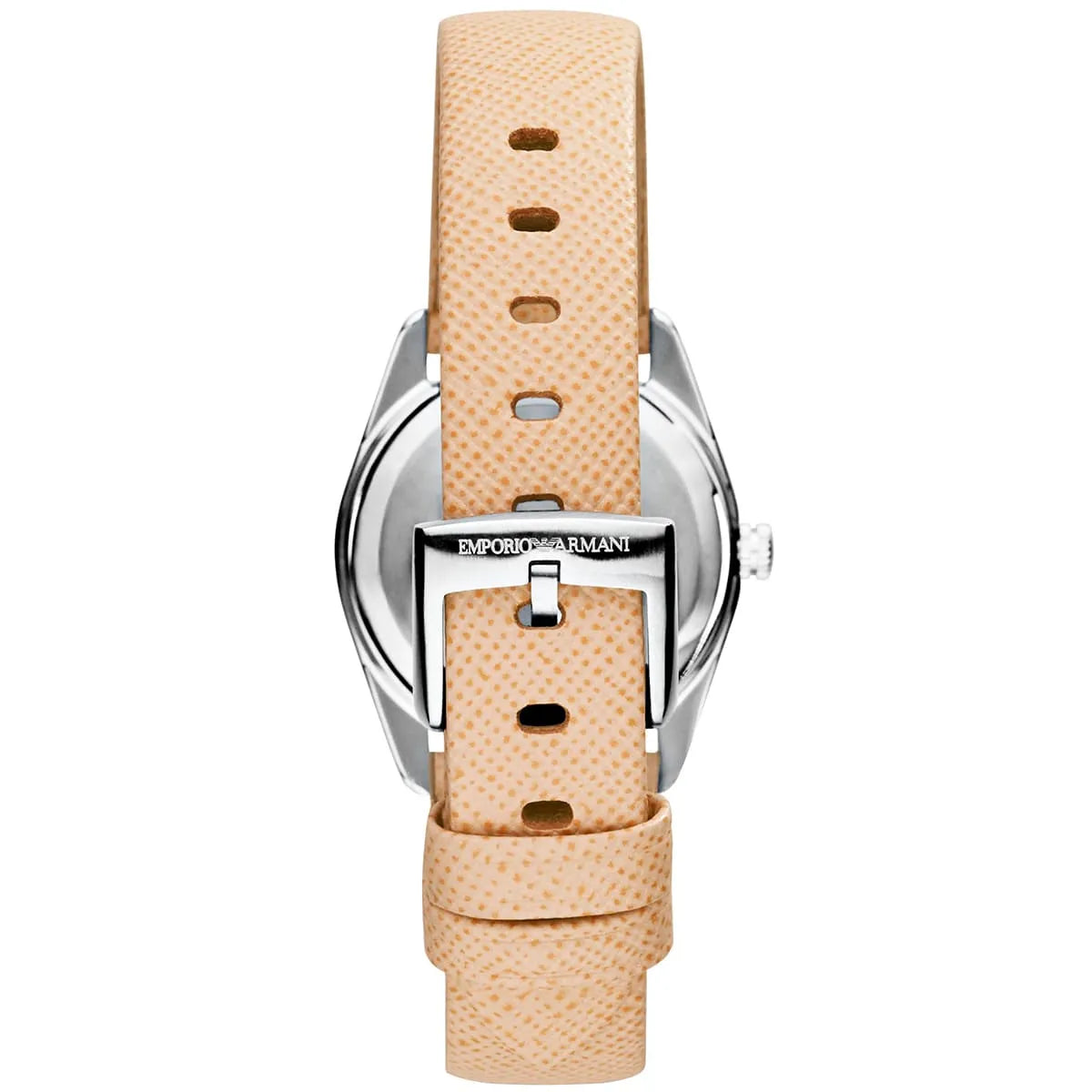 Caseback view of Emporio Armani Tazio Small AR6032 with beige saffiano leather strap and buckle