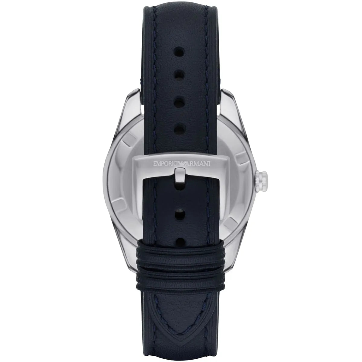 Back view of Emporio Armani Tazio watch showing stainless steel caseback with engraved branding
