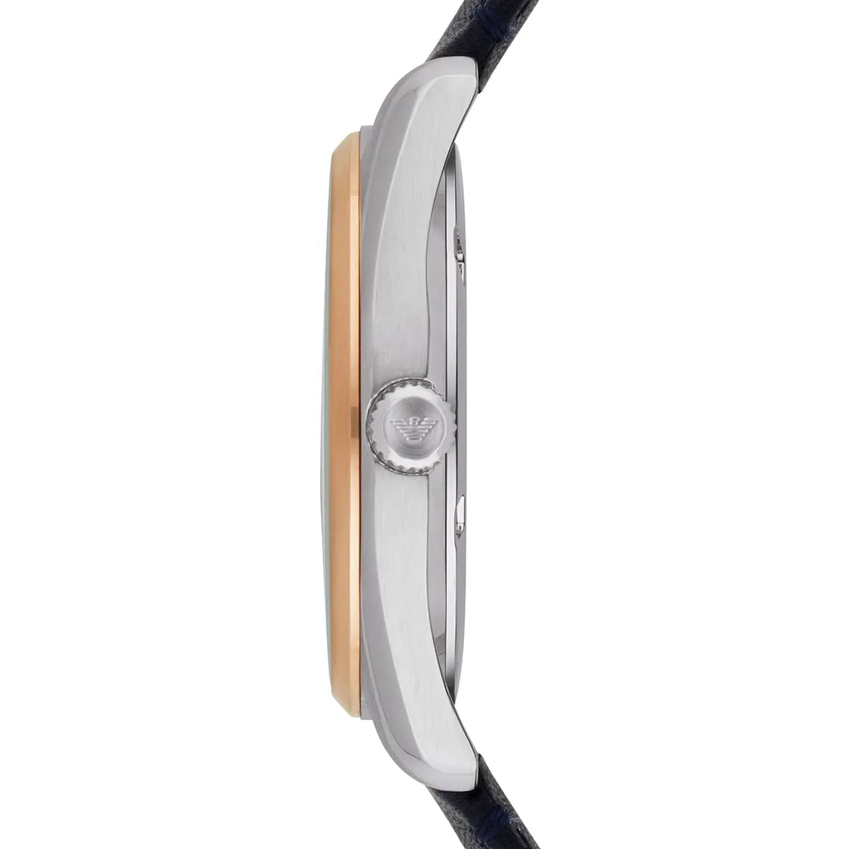 Side profile of Emporio Armani Tazio watch showing rose gold bezel and stainless steel case band