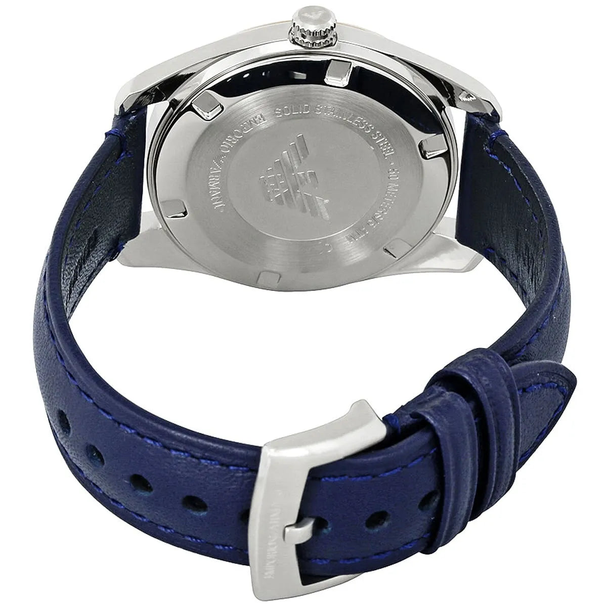 Detail view of blue leather strap with stainless steel buckle on Emporio Armani Tazio watch