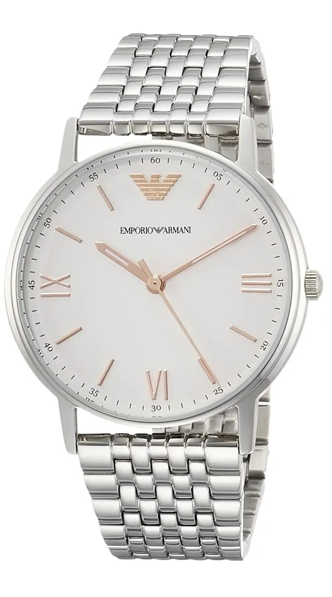 Emporio Armani Kappa watch angled view showing white dial and linked stainless steel bracelet