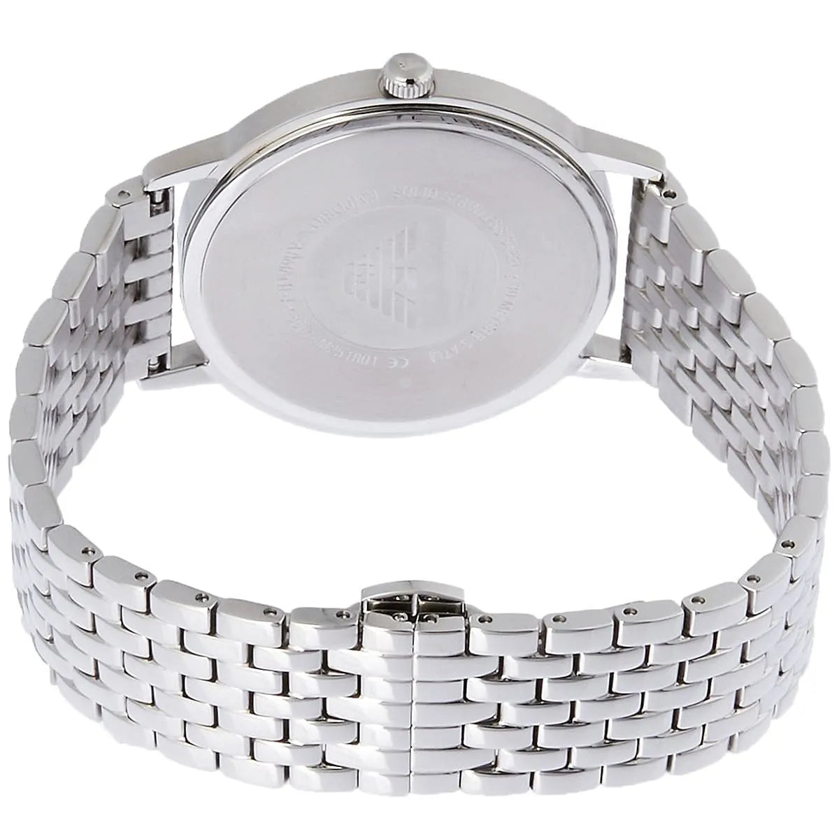 Emporio Armani Kappa caseback showing stainless steel bracelet and watch back