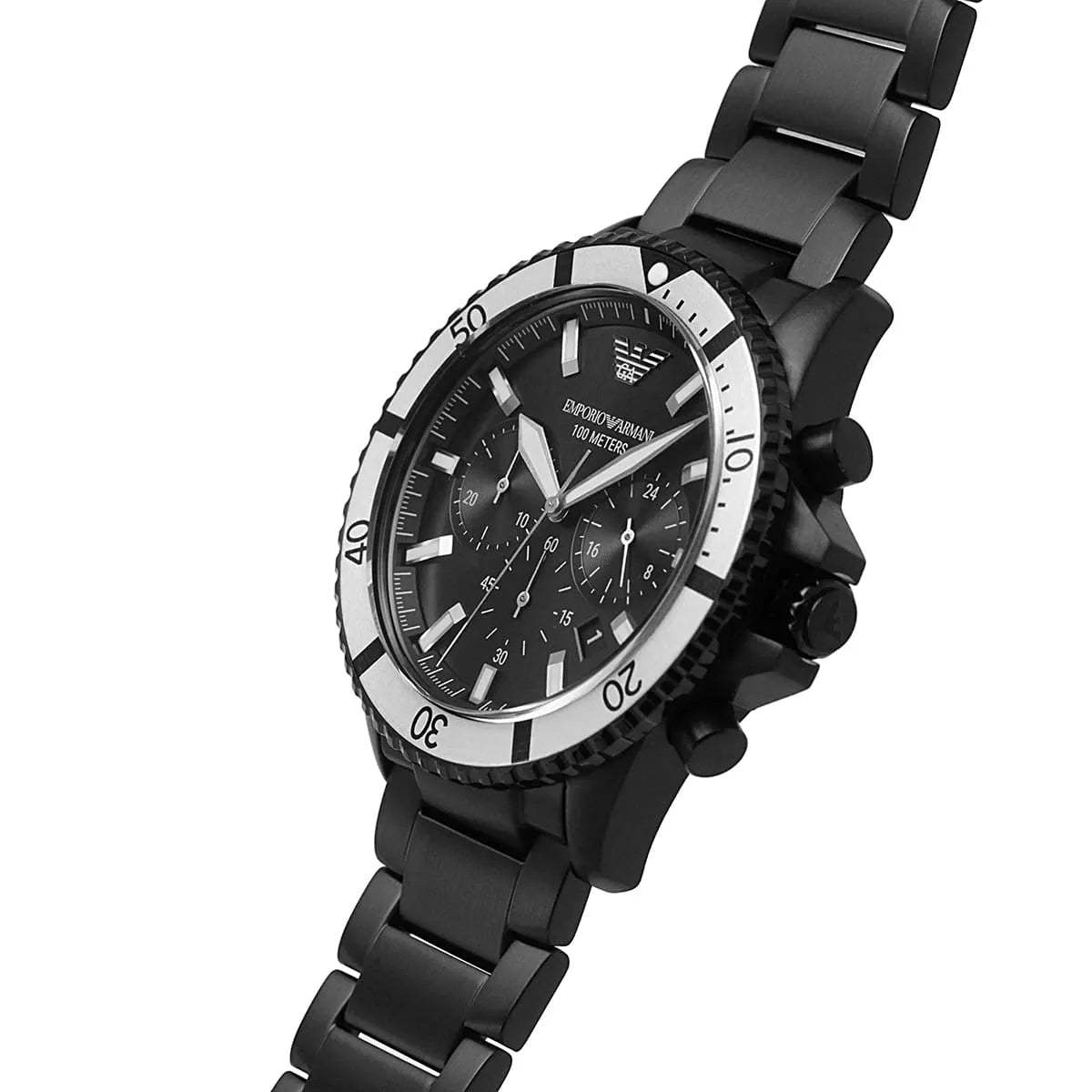 AR80050 chronograph watch at 3/4 angle with metal bracelet