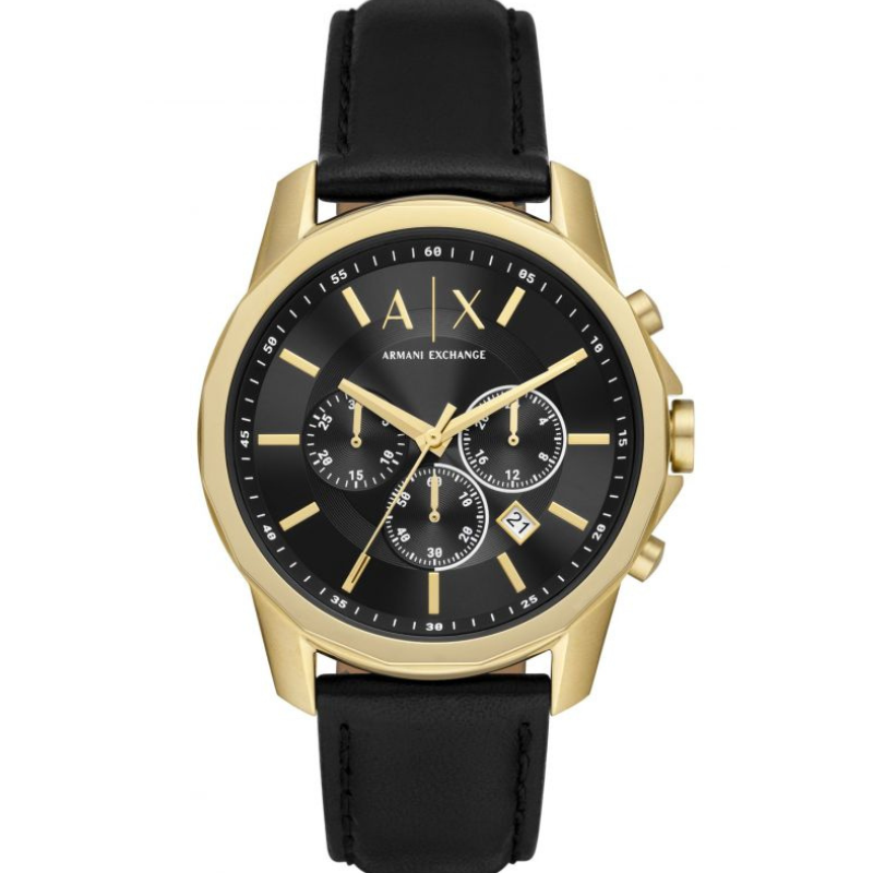 Armani Exchange Banks chronograph watch with gold case, black dial, and black leather strap
