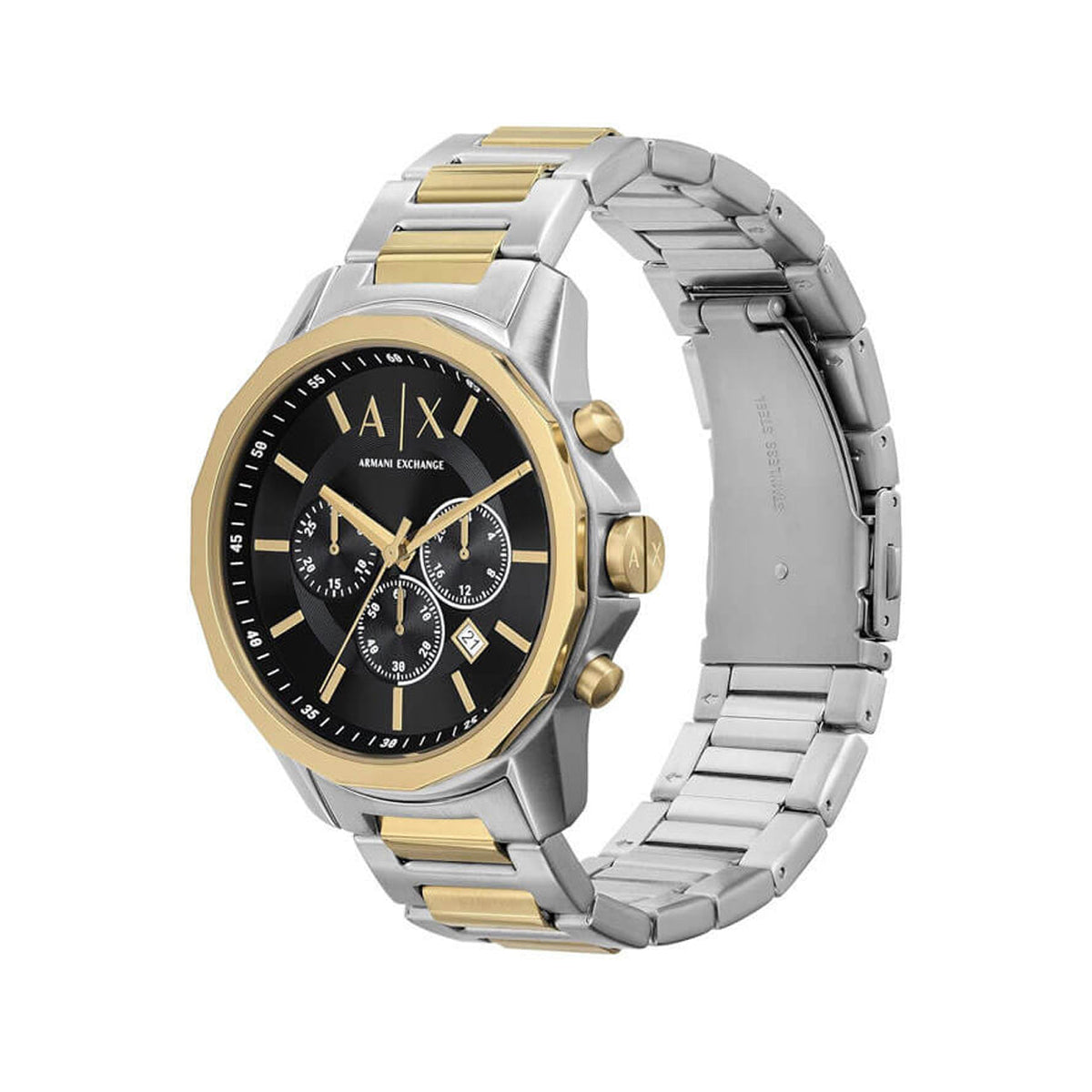 Two-tone stainless steel Armani Exchange chronograph watch shown at an angle with bracelet visible