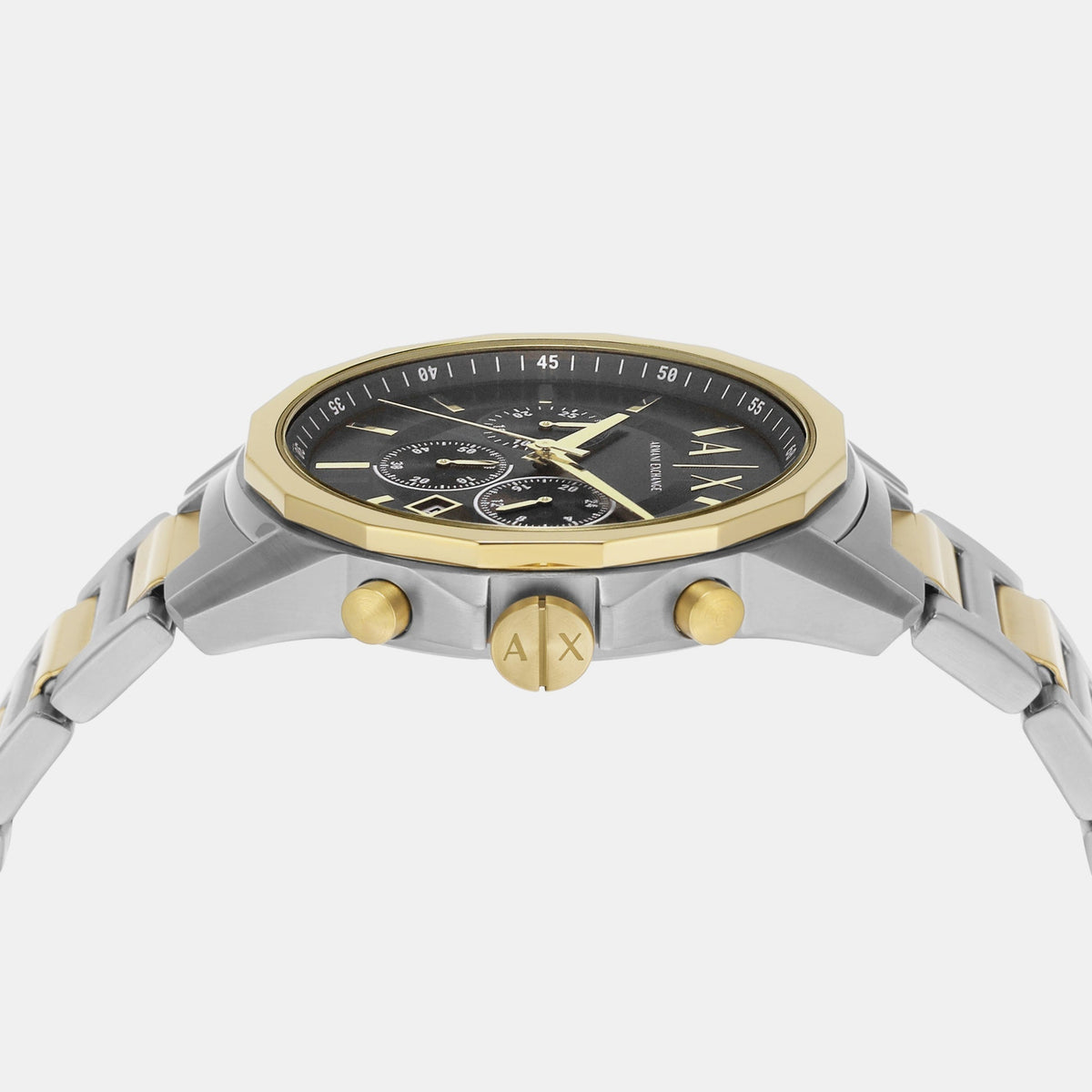 Side view of Armani Exchange Banks chronograph watch showing lugs, pushers and two-tone casing