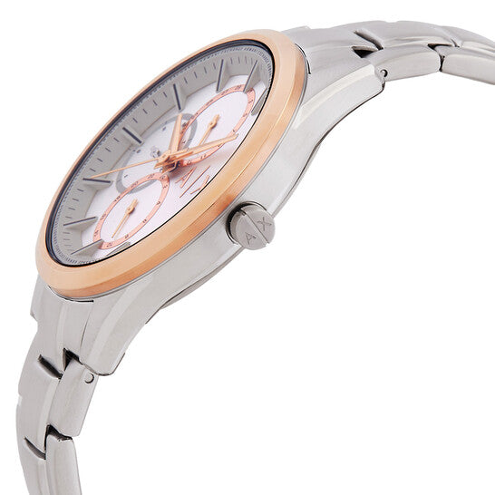 Armani Exchange Dante AX1870 side view showing silver bracelet and rose gold case