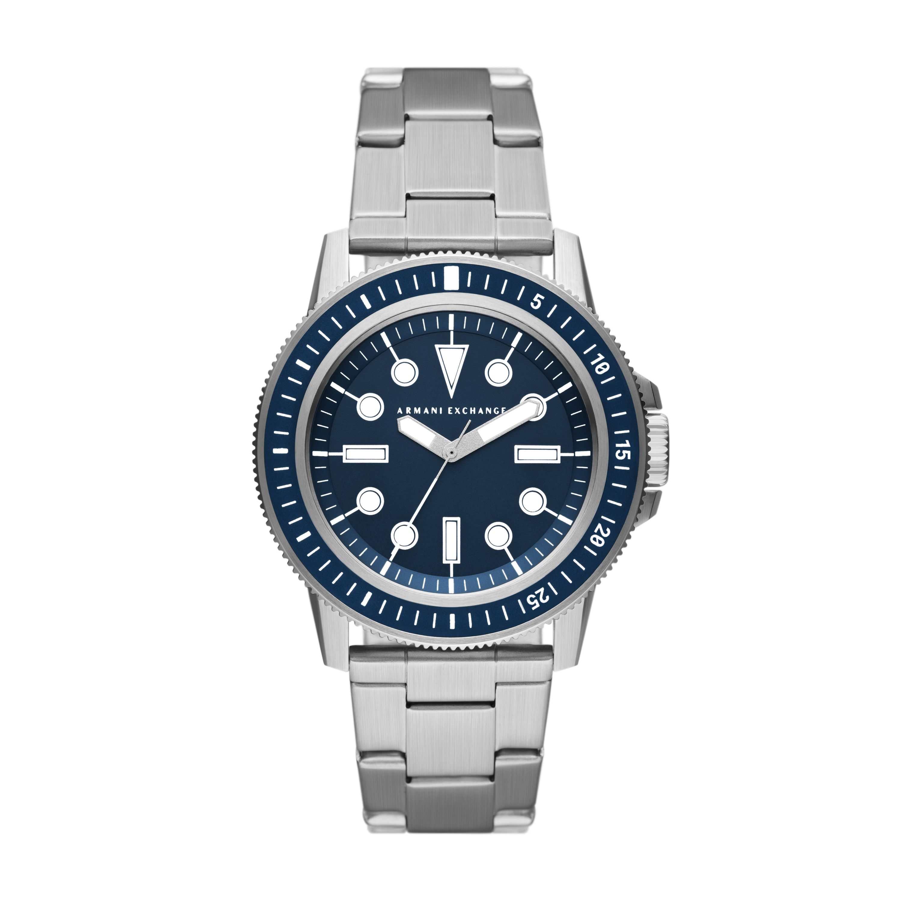 Armani Exchange Leonardo AX1861 watch front view with steel bracelet and navy dial