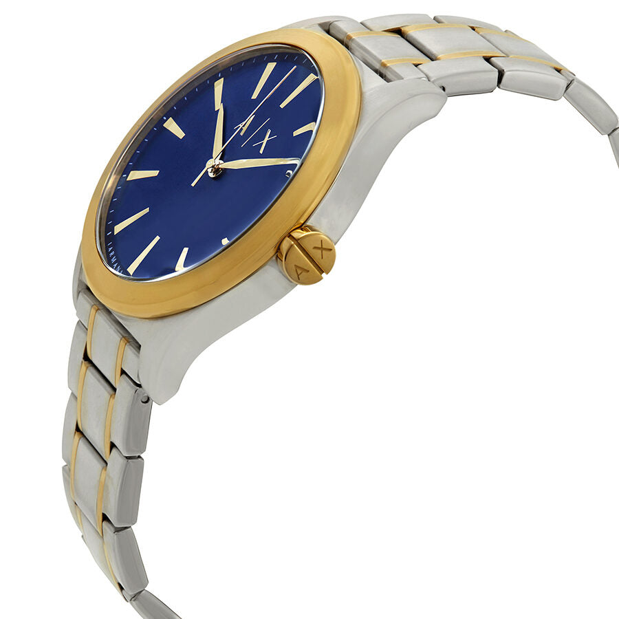 Armani Exchange Nico watch side angle view showing two-tone stainless steel bracelet