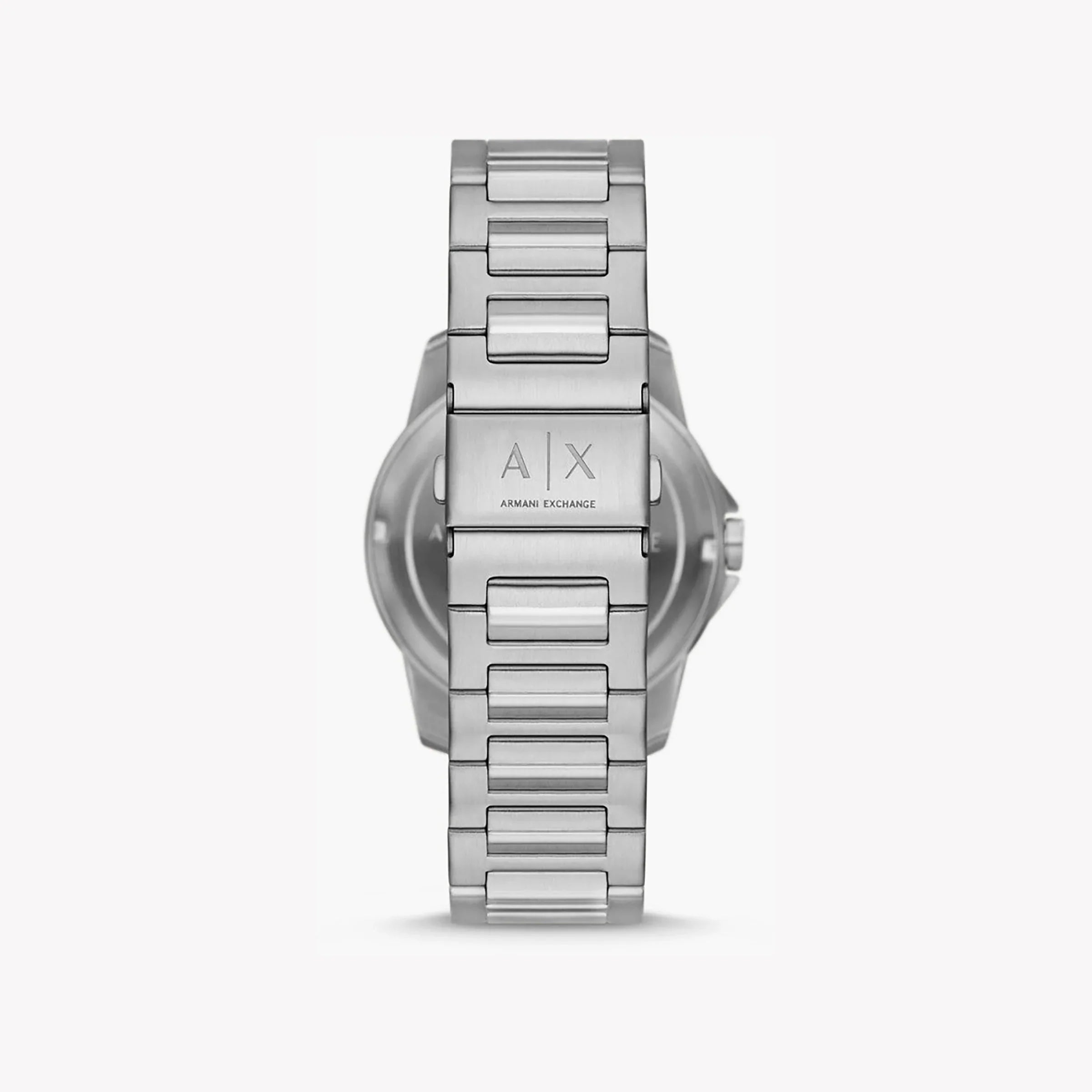Rear view of AX1736 silver watch showing case back with AX and Armani Exchange branding