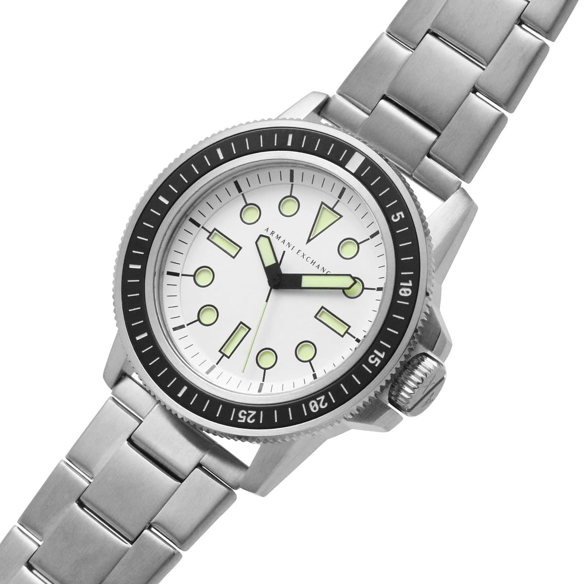 Armani Exchange Leonardo watch shown at angle with luminous hour markers and silver metal band