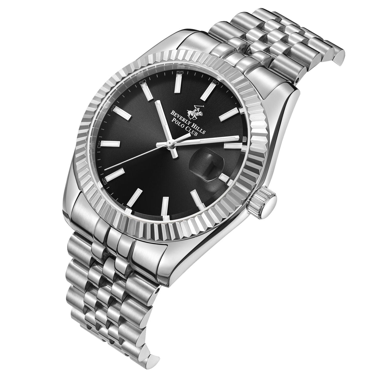 BP3018X.350 angled view showing black dial, date window, and silver stainless steel bracelet