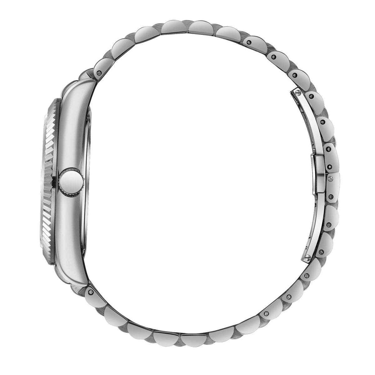 BP3018X.350 side view displaying silver stainless steel case profile and bracelet links