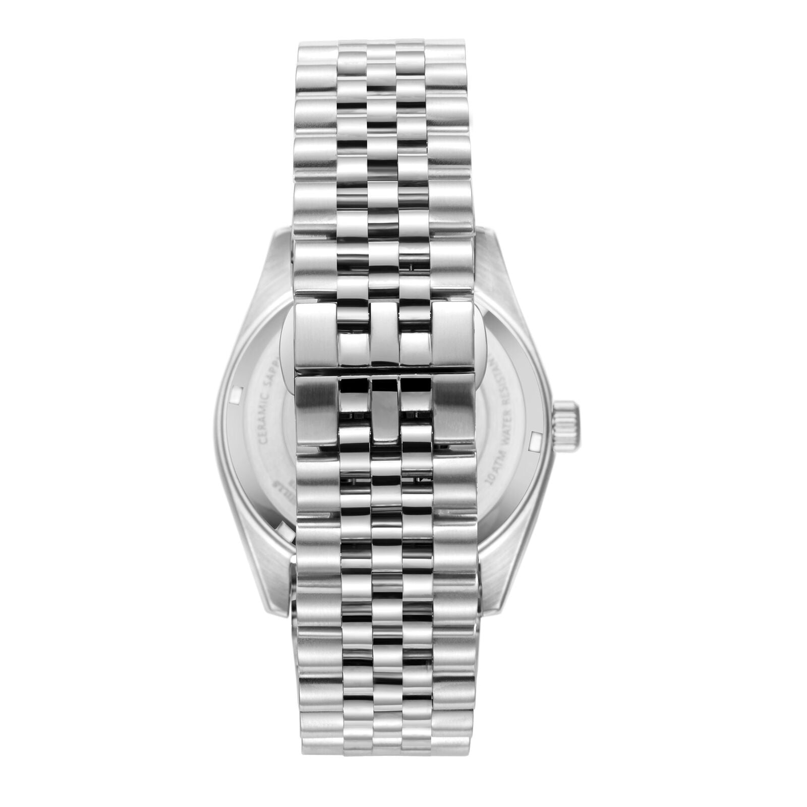 Back view of Beverly Hills Polo Club watch showing caseback and two-tone silver bracelet