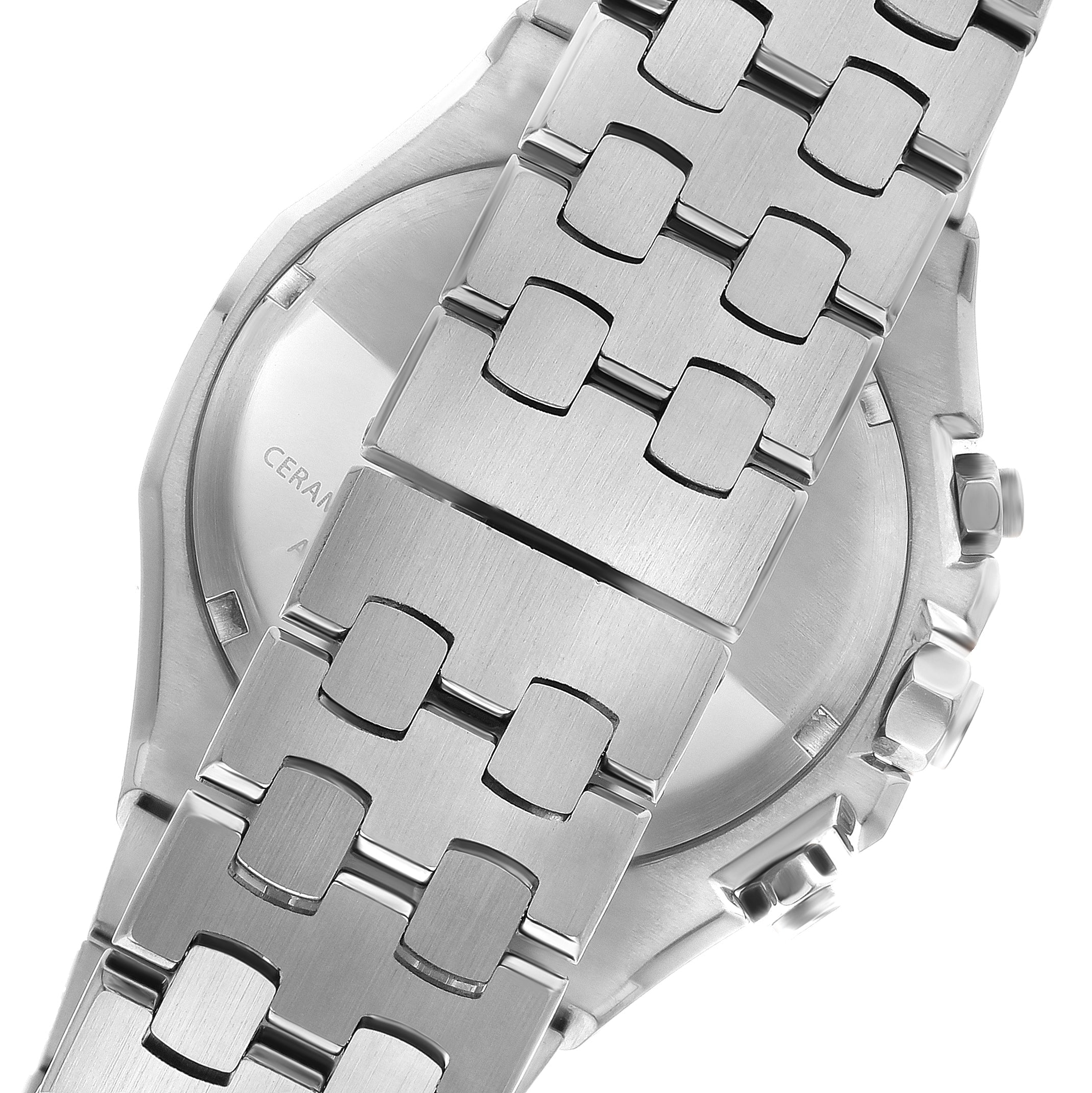 Angled view of watch displaying blue dial, chronograph subdials, and metal bracelet detail