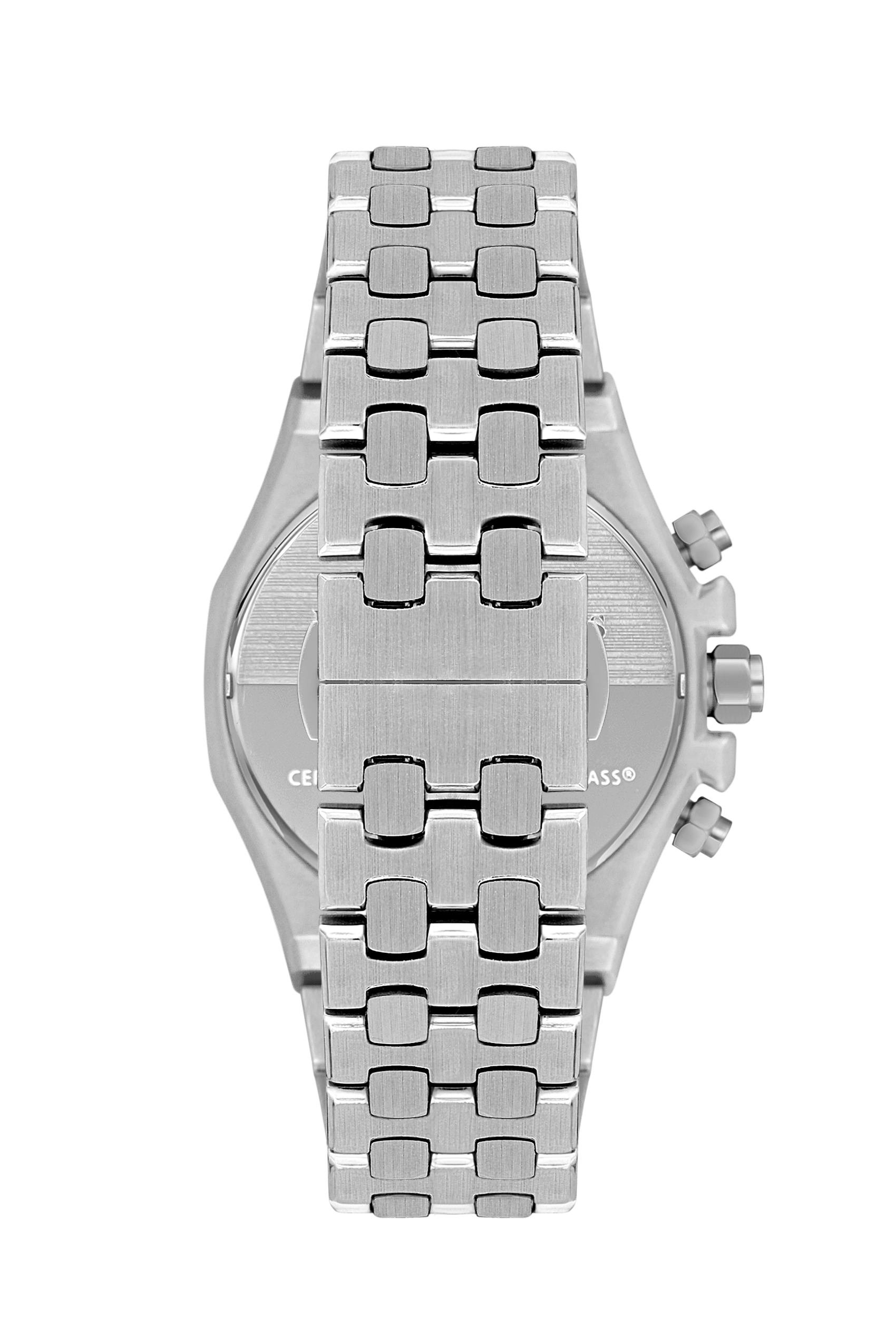 Caseback view of Beverly Hills Polo Club multifunction watch with metal bracelet