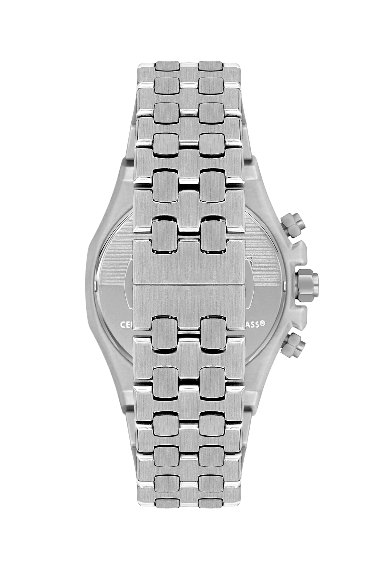 Caseback view of Beverly Hills Polo Club multifunction watch with metal bracelet