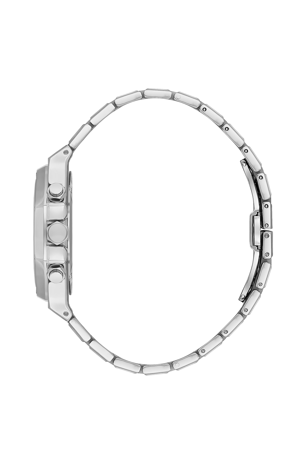 Side profile view of watch showing silver metal link bracelet and case thickness