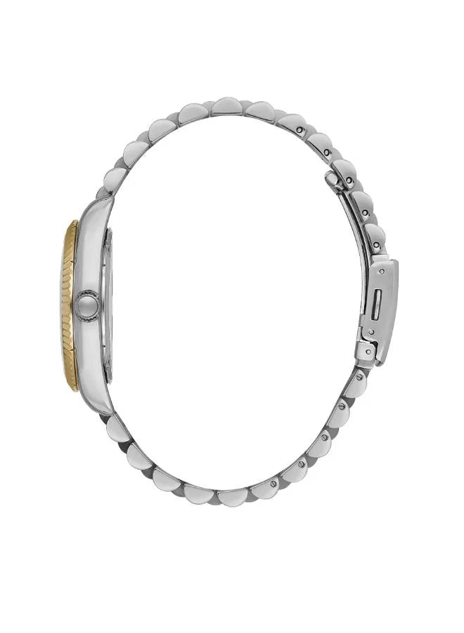 Two-tone stainless steel bracelet with gold-tone center links, side view
