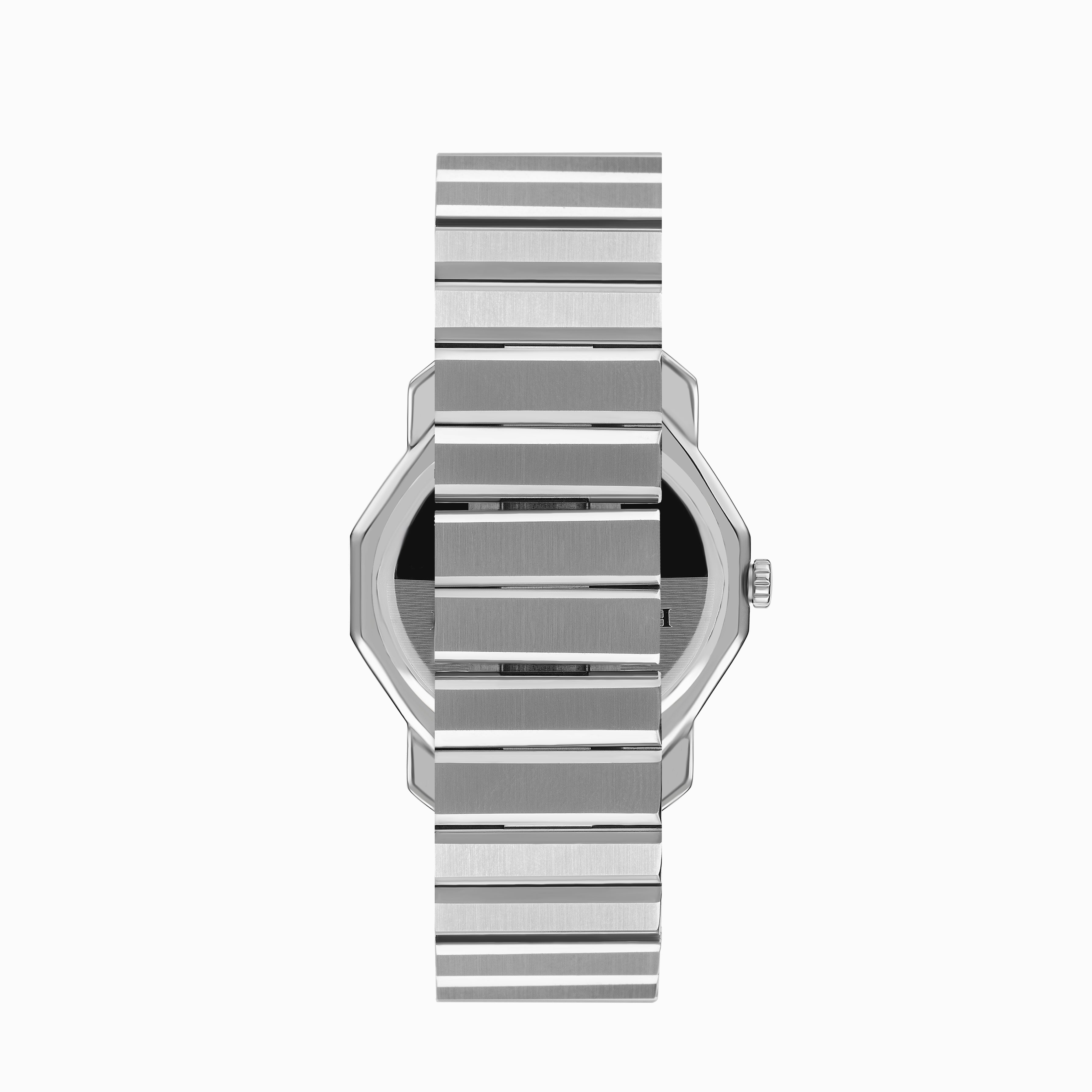 Overhead view of silver watch with metal bracelet strap