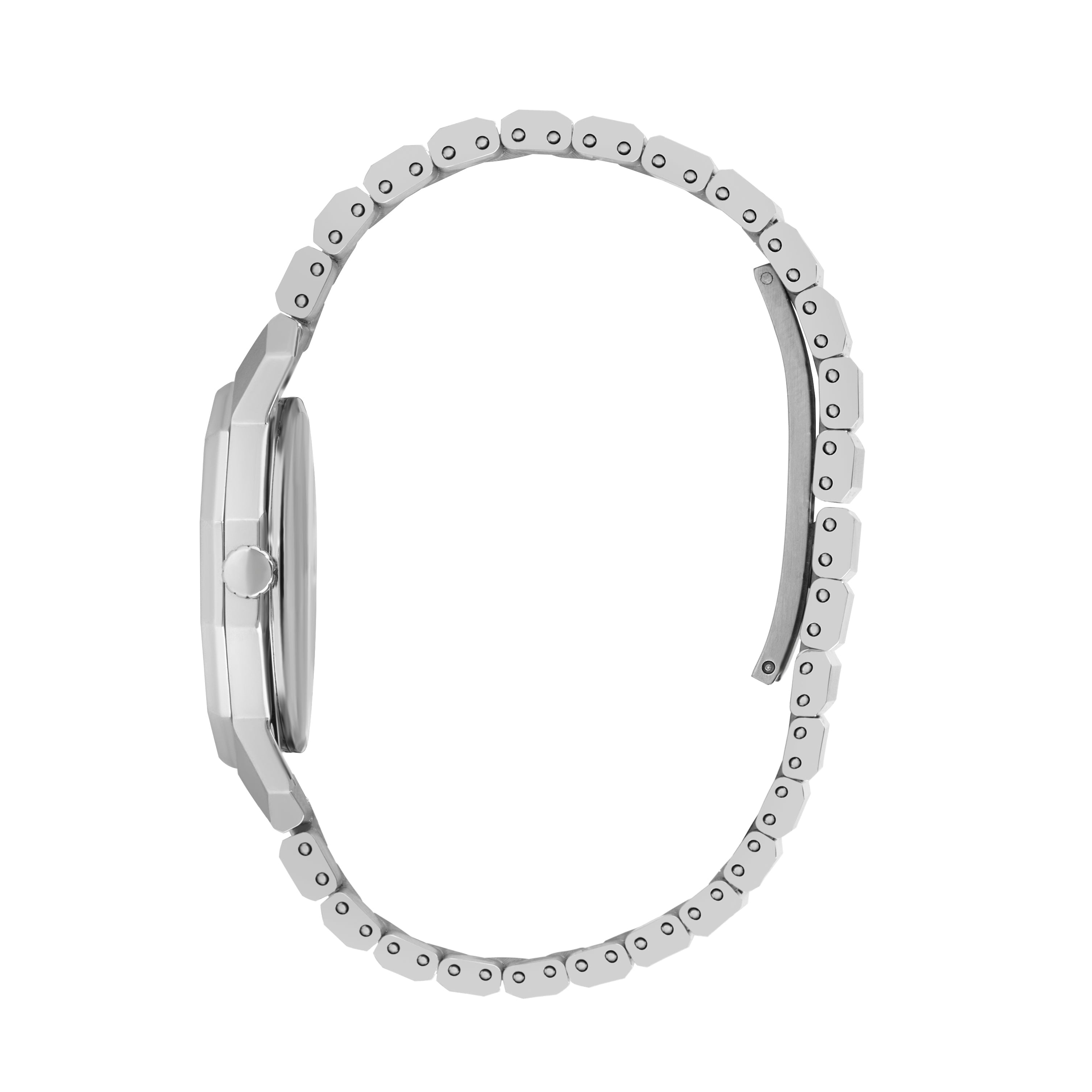 Side profile view of silver metal strap and bracelet