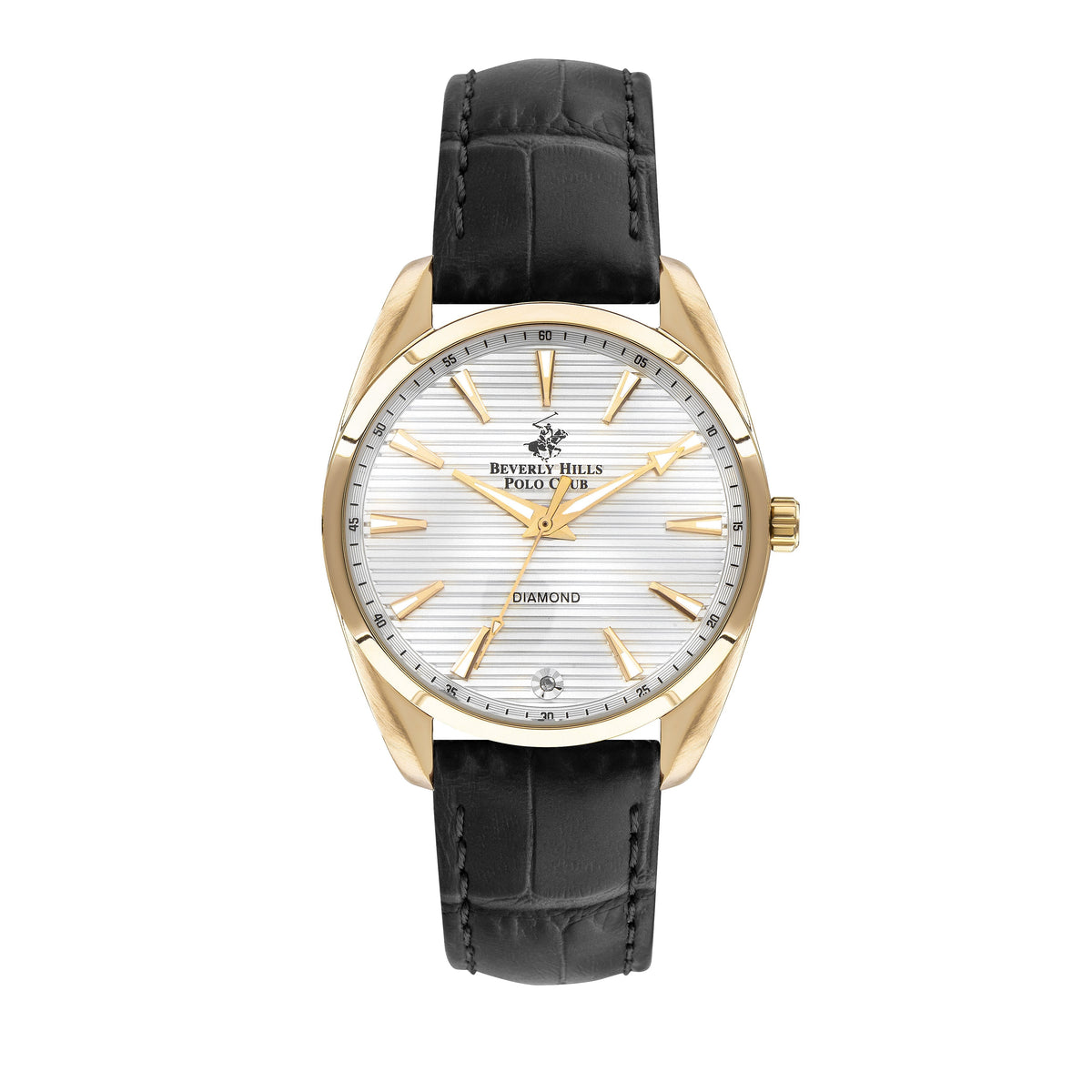 Beverly Hills Polo Club women's leather diamond watch with gold-tone case and black leather strap