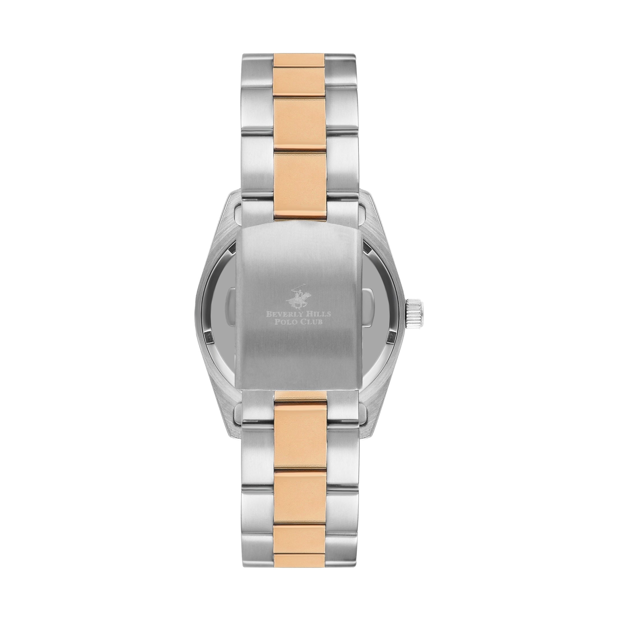Caseback showing engraved Beverly Hills Polo Club logo and branding