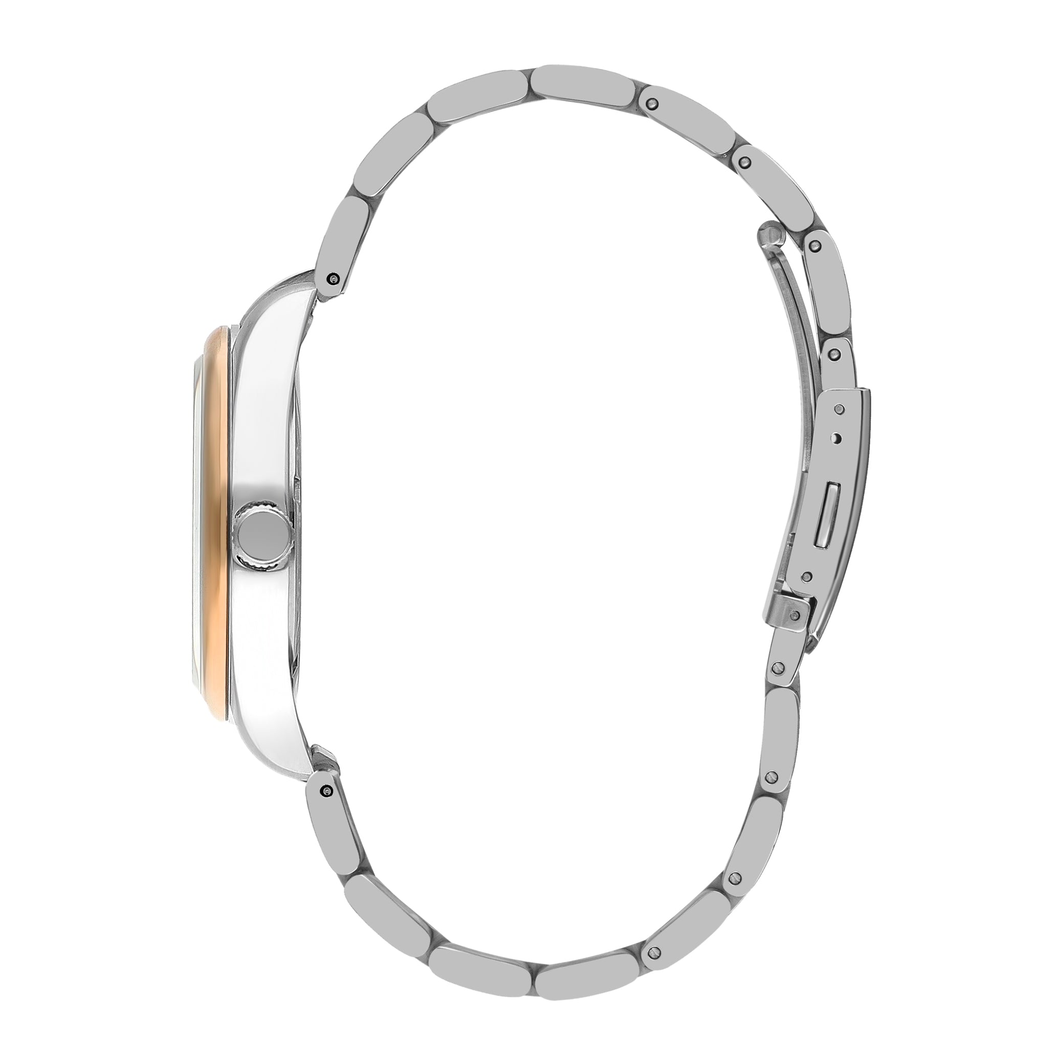 Side view of two-tone stainless steel and rose gold bracelet with crown