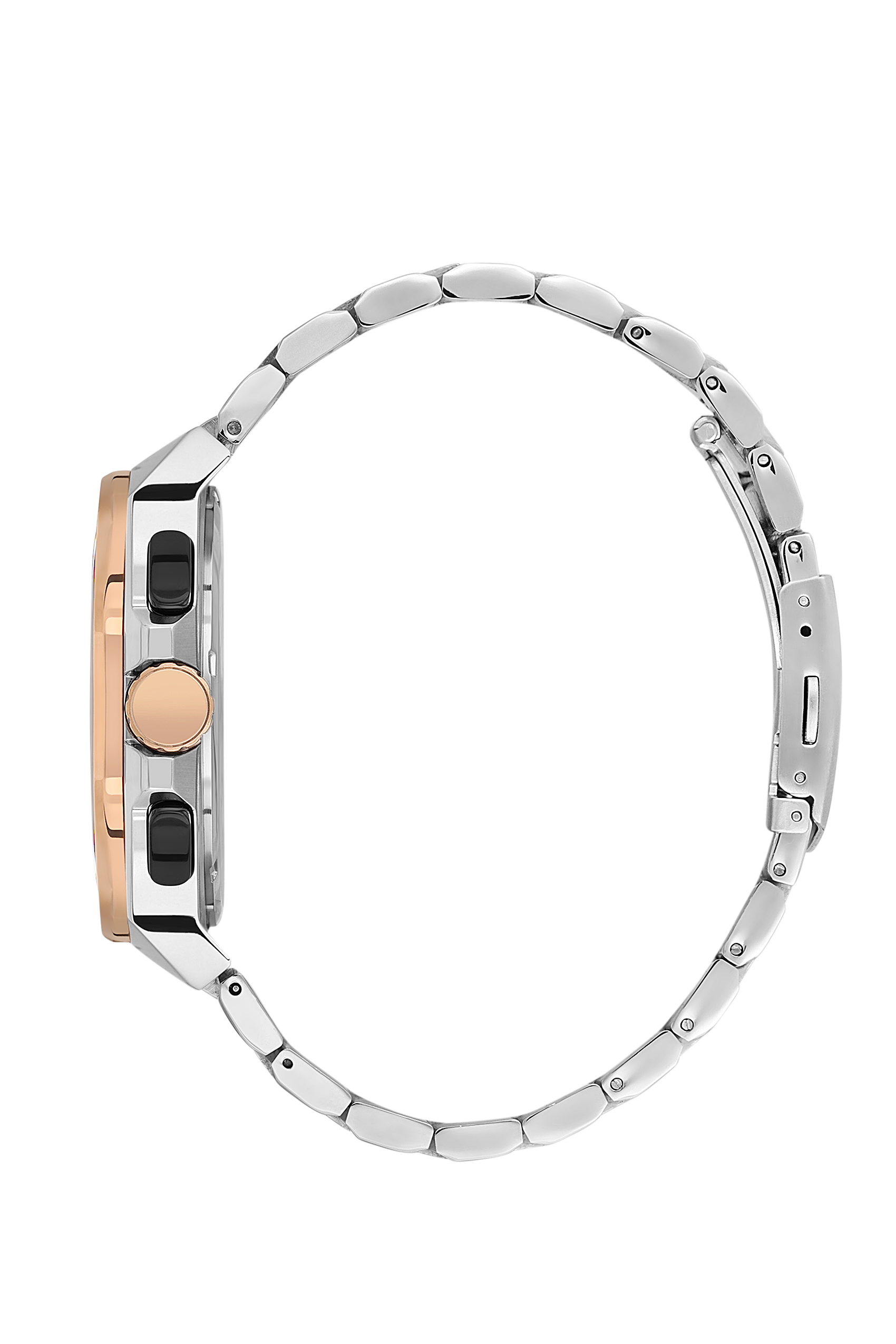 Side profile of Beverly Hills Polo Club watch showing silver stainless steel bracelet and rose gold case