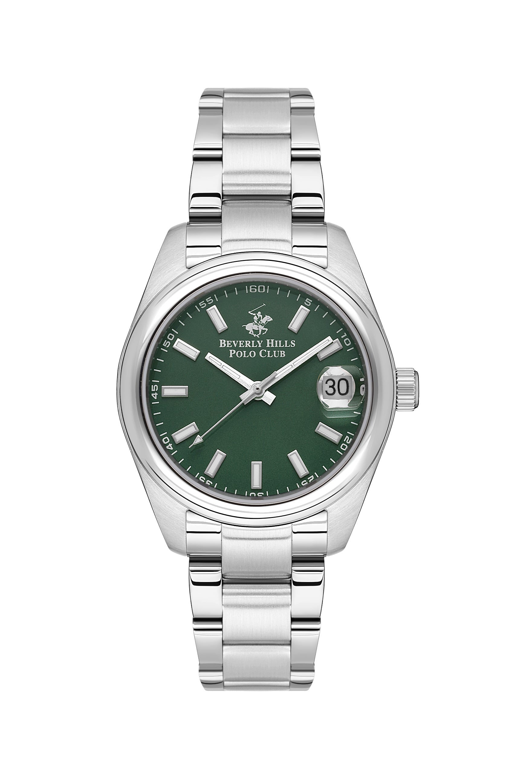 Beverly Hills Polo Club 32mm green dial watch with silver stainless steel case and bracelet
