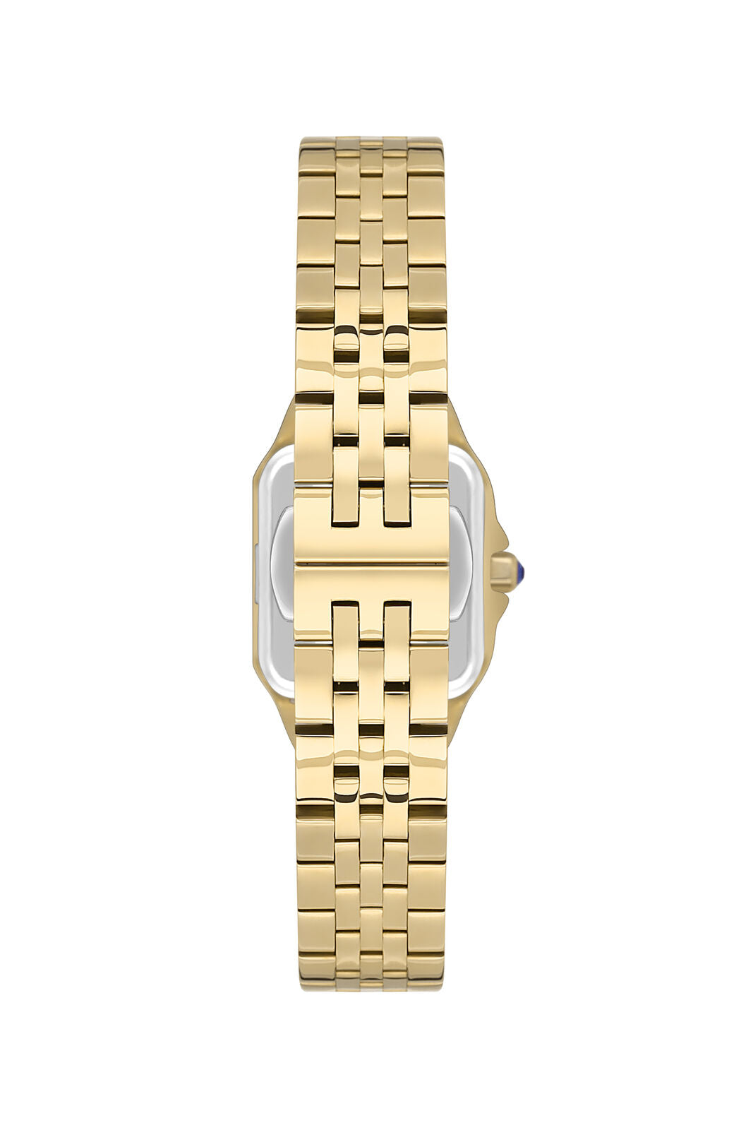 Three-quarter angle view of square gold watch with roman numeral dial