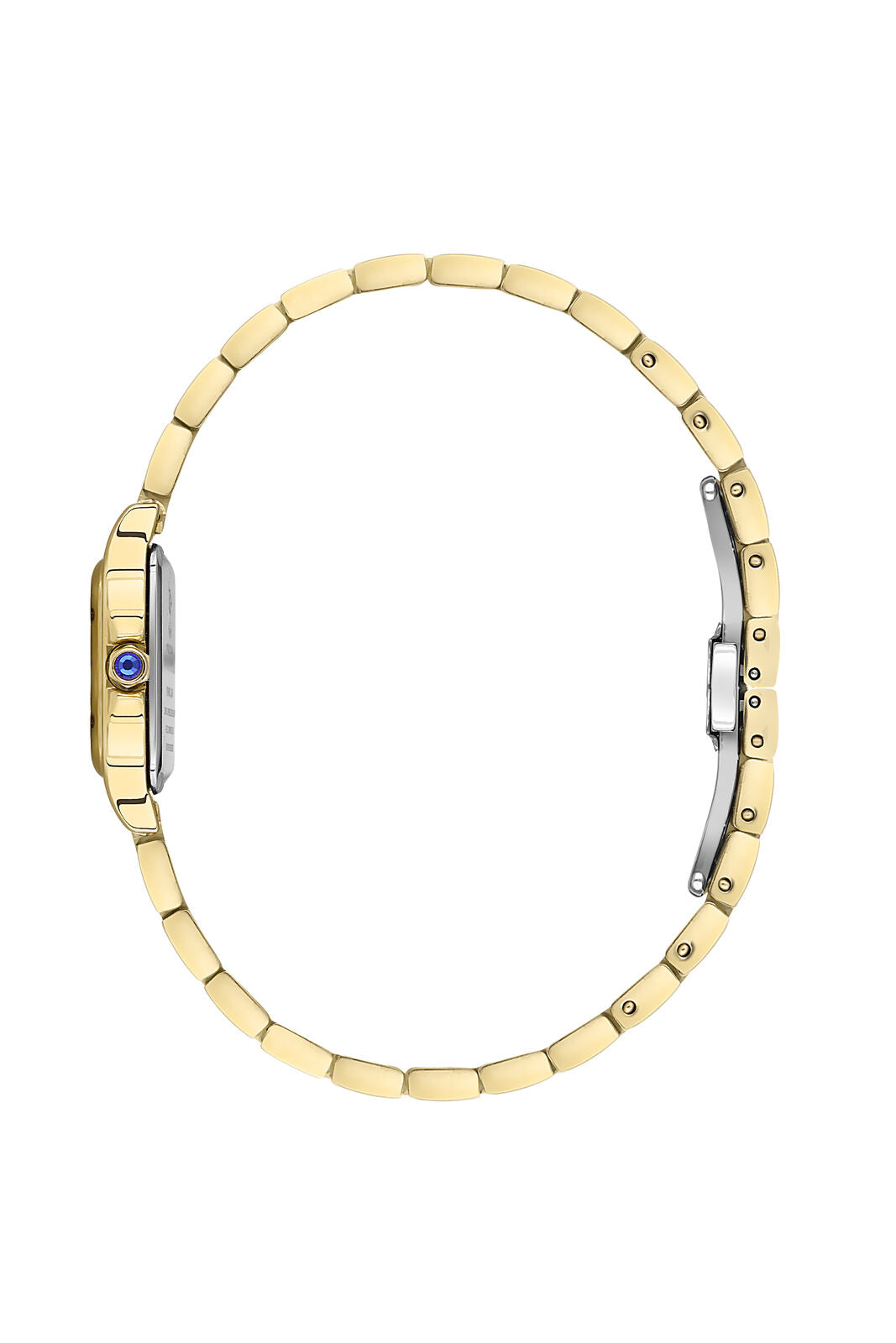 Side view of gold-tone square watch with link bracelet and crown