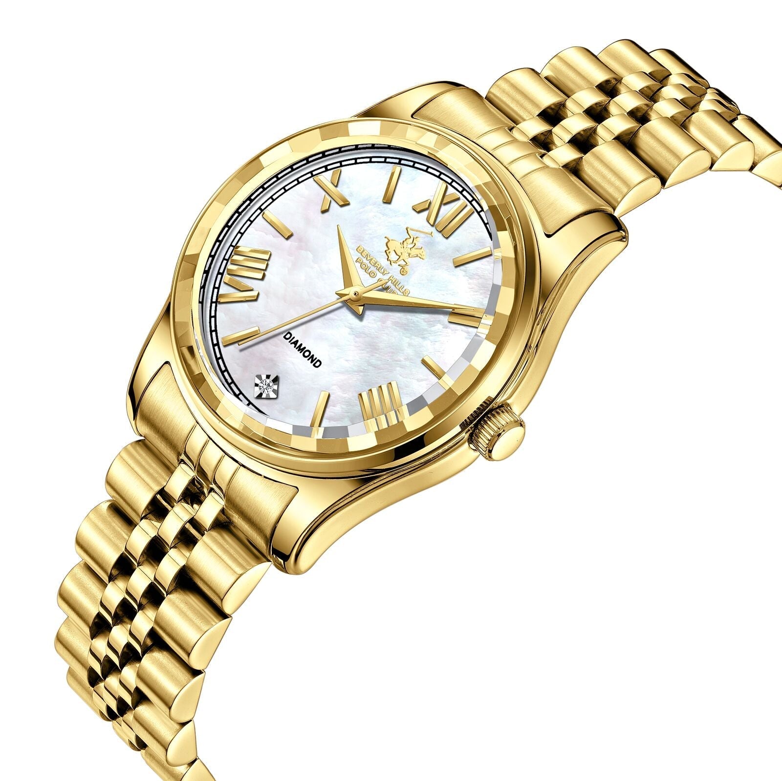 Gold Beverly Hills Polo Club watch at angle showing mother of pearl dial and gold jubilee bracelet