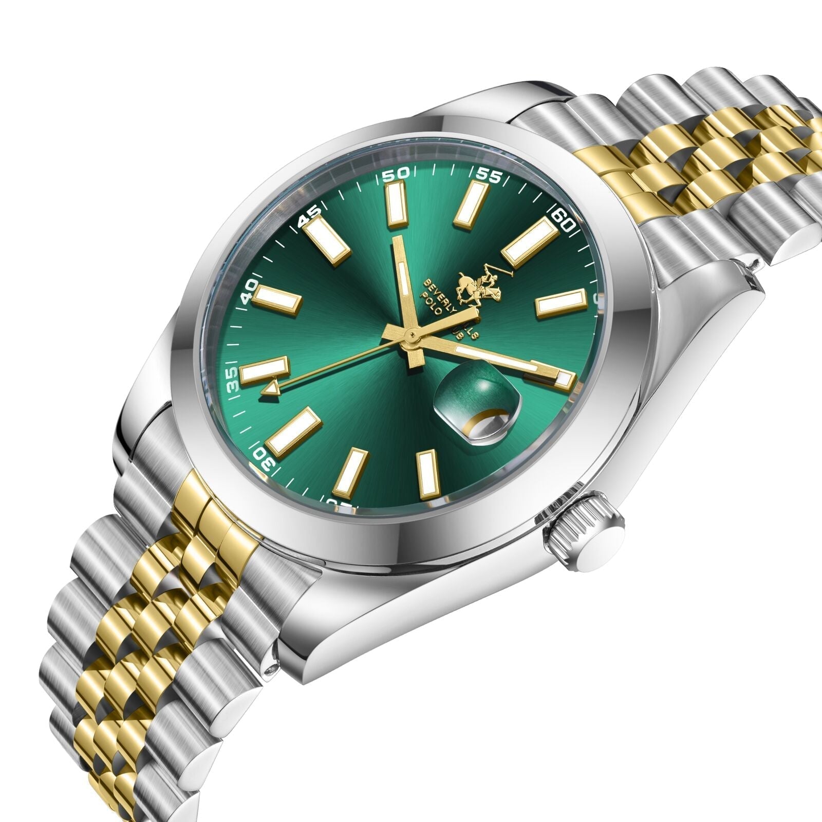 Two-tone stainless steel and gold bracelet with green dial and applied indices