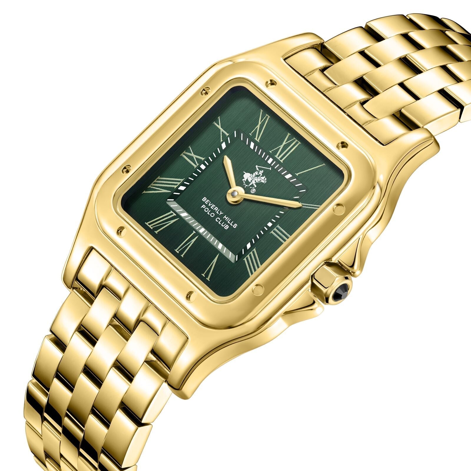 All gold Beverly Hills Polo Club watch at angle showing green dial and matching gold bracelet