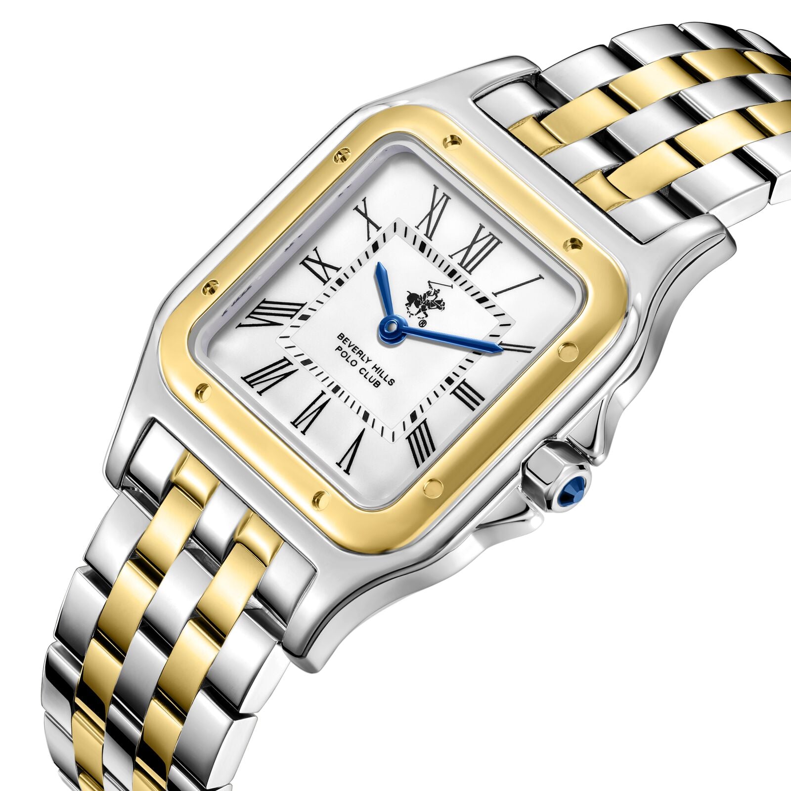 Two-tone stainless steel square watch with mixed metal bracelet and blue hands