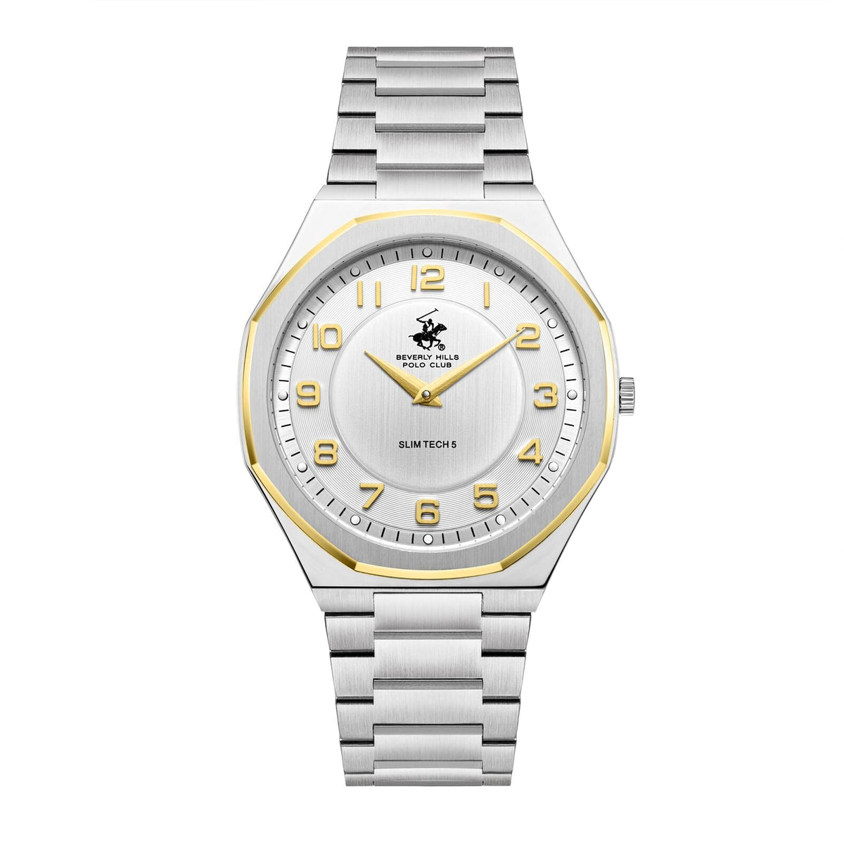 Beverly Hills Polo Club Slim Tech 5 two-tone steel and gold watch with white dial and gold numerals