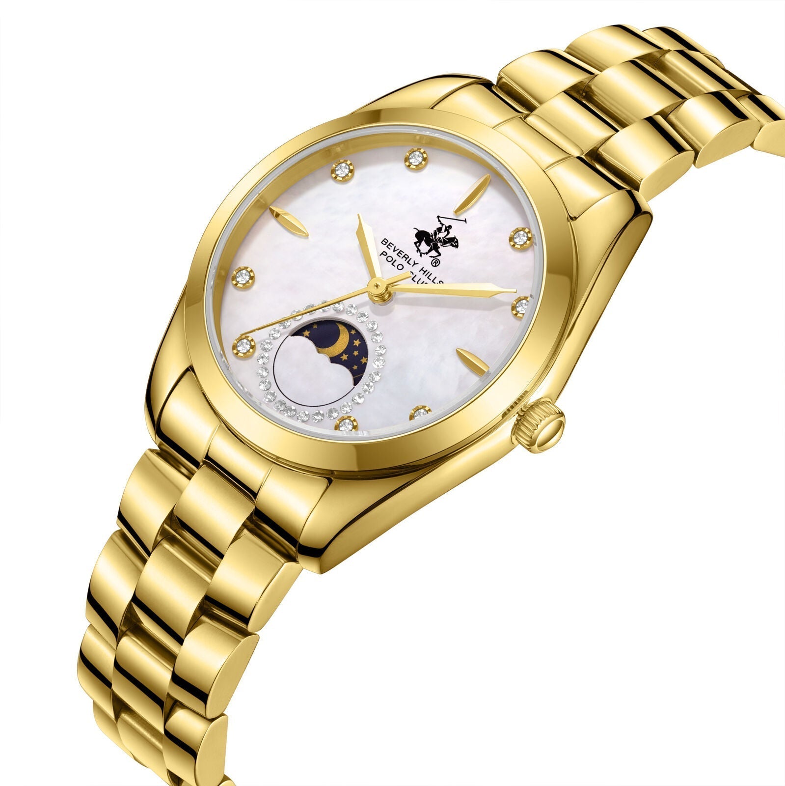 Gold moonphase watch with mother-of-pearl dial, moon phase complication, and full gold bracelet